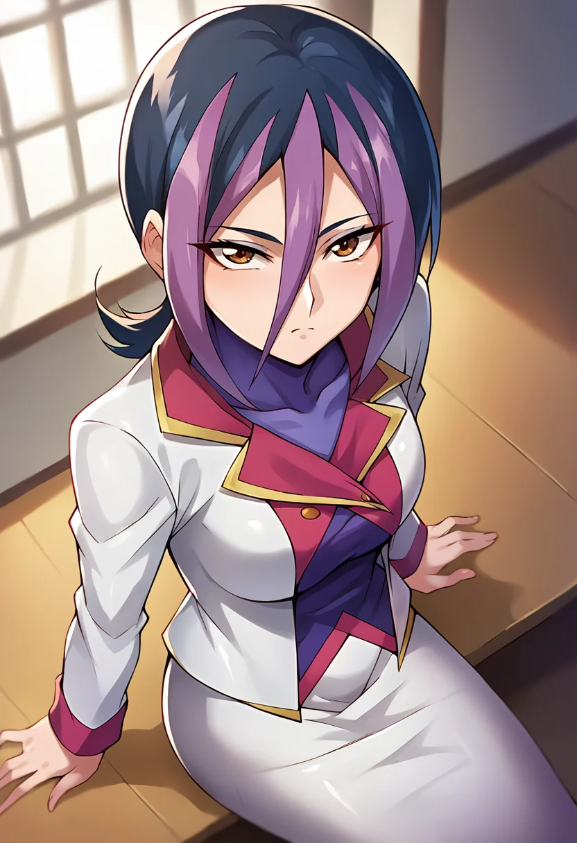 score_9, score_8_up, score_7_up, masterpiece, source_anime, 1girl, solo, ct_droite, brown eyes, short hair, hair between eyes, white blazer, purple bodysuit under clothes, long sleeves, white pencil skirt, purple pantyhose, looking at viewer, indoors, depth of field, sitting, from above, looking up<lora:Droite_Pony_ct_ver3-000011:1>