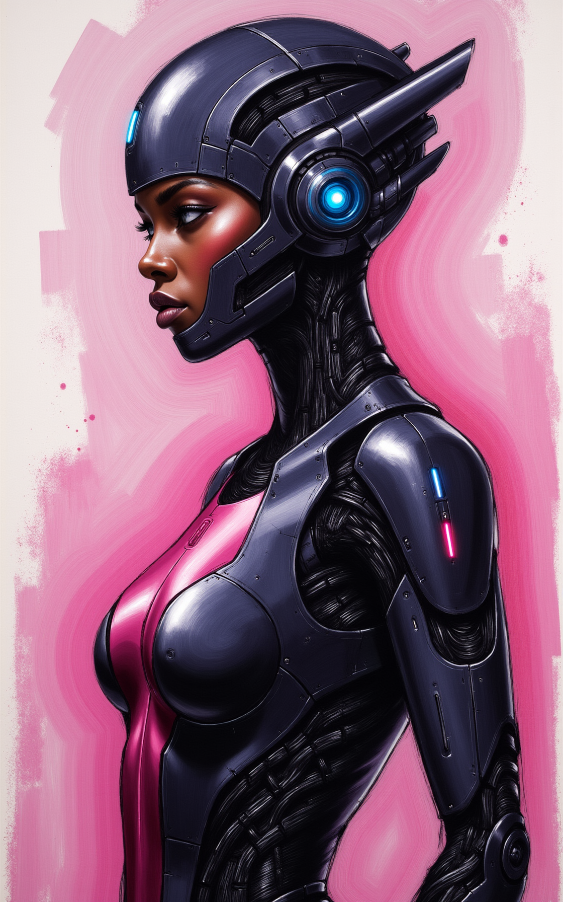 YFG-SRS, rbcharc0al, an Oil painting of an adult female African cyborg, cyberpunk themed, dark cyberpunk, cyberpunk style, robot body, cyborg body, exposed circuitry, electromechanical, thin build, piercing mechanical eyes, 8k, semi-wide angle, pink blue red purple hues, mid range view, masterpiece, knife painting textures, painted background, science fiction.
