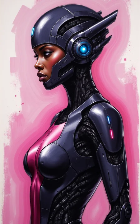 YFG-SRS, rbcharc0al, an Oil painting of an adult female African cyborg, cyberpunk themed, dark cyberpunk, cyberpunk style, robot body, cyborg body, exposed circuitry, electromechanical, thin build, piercing mechanical eyes, 8k, semi-wide angle, pink blue red purple hues, mid range view, masterpiece, knife painting textures, painted background, science fiction.