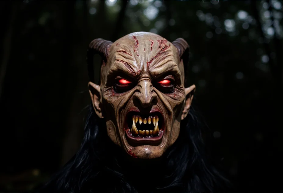 A close-up of a Krampus mask, showcasing glowing red eyes with dramatic backlighting to enhance the texture and details. The mask is adorned with charred and cracked surfaces, creating a haunting and realistic look. The background features a dark, blurred forest, ensuring the mask remains the main focus, in sharp focus with crisp details.<lora:bv-krampus-v1.safetensors:1.0:1.0>