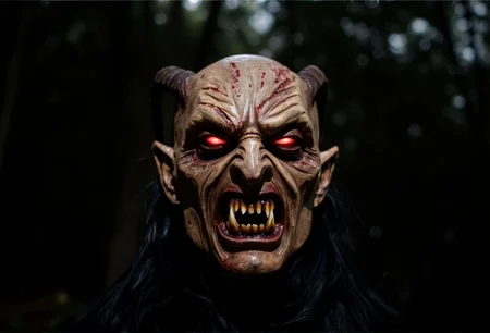 A close-up of a Krampus mask, showcasing glowing red eyes with dramatic backlighting to enhance the texture and details. The mask is adorned with charred and cracked surfaces, creating a haunting and realistic look. The background features a dark, blurred forest, ensuring the mask remains the main focus, in sharp focus with crisp details.<lora:bv-krampus-v1.safetensors:1.0:1.0>