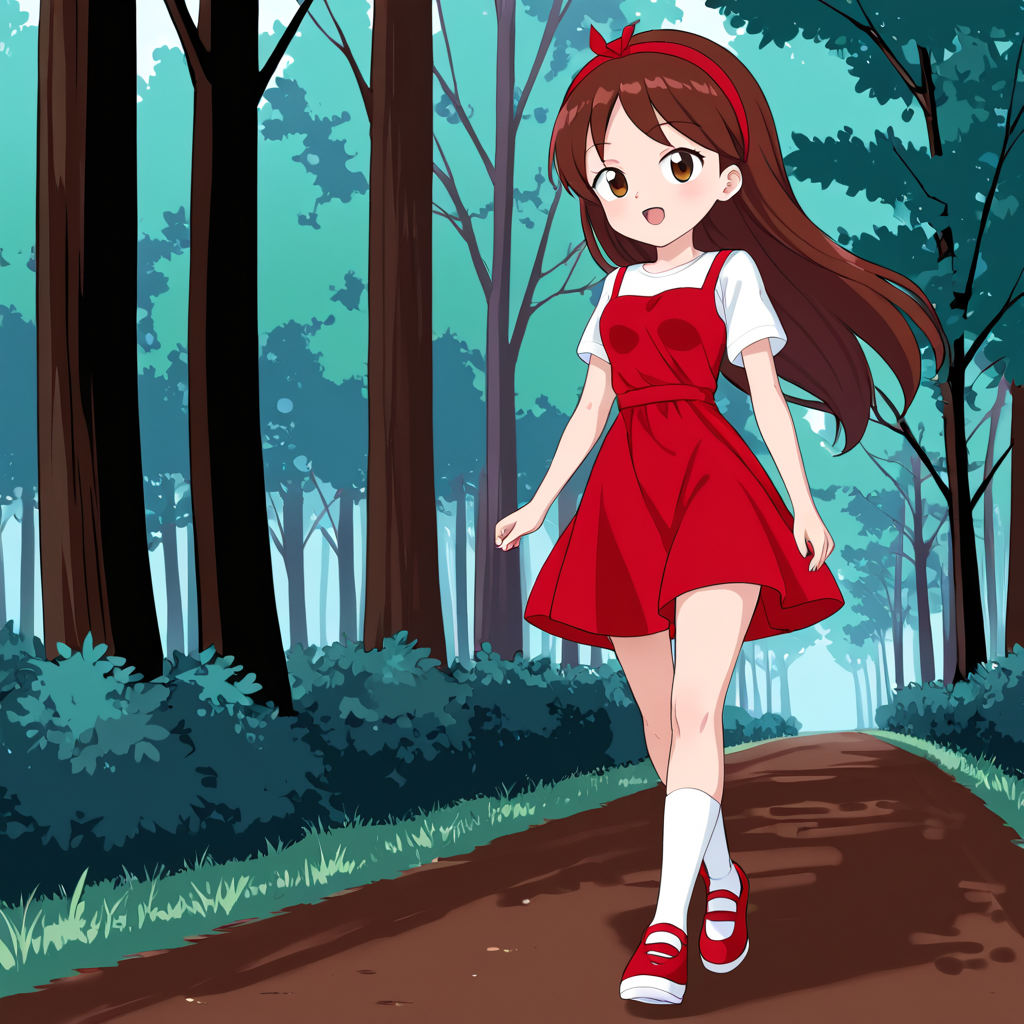 outdoors, woods, <lora:Narizinho_Sítio_do_Pica-Pau_Amarelo:.8> narizinho, 1girl, solo, , brown long hair, red headband, white undershirt, red dress, white socks, red shoes, walking,