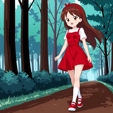 outdoors, woods, <lora:Narizinho_Sítio_do_Pica-Pau_Amarelo:.8> narizinho, 1girl, solo, , brown long hair, red headband, white undershirt, red dress, white socks, red shoes, walking,