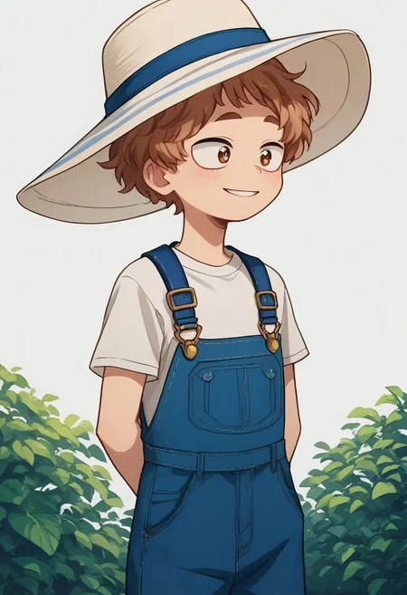 score_9, score_8_up, score_7_up, source_anime, highly detailed, cute boy, 1boy, solo, young, katsuma, sun hat, curly hair, light brown hair, brown eyes, white t-shirt, knee length overalls, hands behind back, shy smile