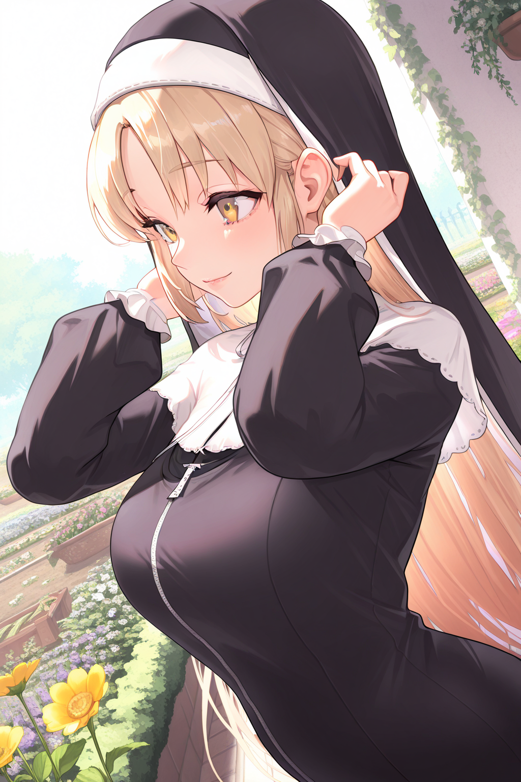 1girl, SisterClaireNijisanji,
general, solo, dutch angle, from side, upper body,
lips,
habit, nun, full-length zipper, large breasts,
light smile, adjusting hair,
spring, garden, floower,
<lora:kp_SisterClaireNijisanji1stCostumeIllustrious_v1_0:1.0>,
masterpiece, best quality, amazing quality