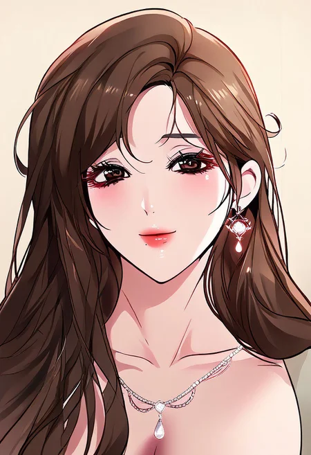 score_9, score_8_up, score_7_up, ASCII masterpiece, source_anime, BREAK, 1girl, solo, (( <lora:ha-ri's_mom:1> , ha-ri's_mom , thin waist, wide hips, beautiful skin, piercing brown eyes, clear eyes, bright pupils, beautiful eyes, beautiful brown hair, beautiful long hair, bangs, huge and shaggy breasts, natural beauty, extraordinary beautiful woman, attractive woman, super sexy woman, lustful body, sexy woman with seductive obscene body, sensual body, voluptuous body, sexy beauty, no piercings, no piercing, )) , ((beautiful cut-out beige dress, obscene cleavage, huge cleavage, big silver earrings, silver necklace, silver bracelet, )) , looking at viewer, sexy pose, cowboy shot, seducative smile, sexy, hands behind back, (( <lora:need_a_service_style:1> , need_a_service_style, ))