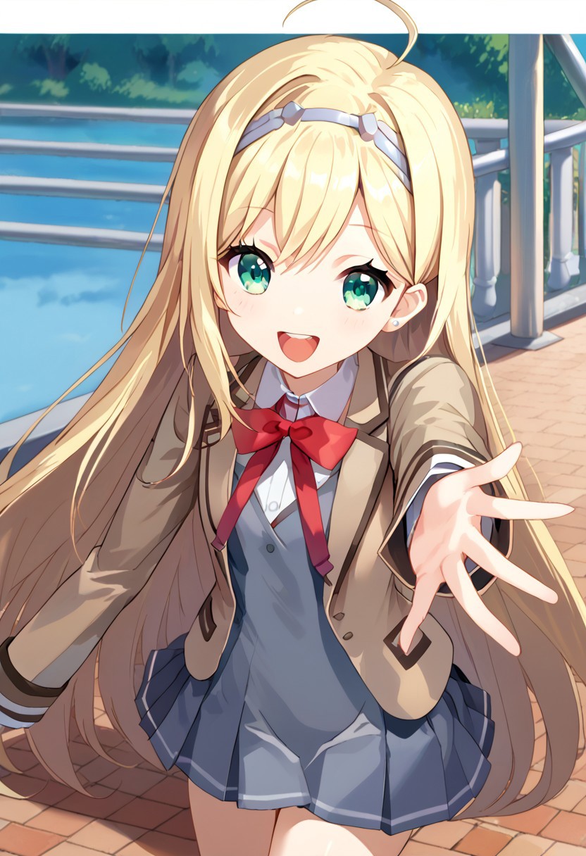 score_9, score_8_up, score_7_up, score_6_up, highest quality, masterpiece, best quality, source_anime, anime, (1girl, liones yelistratova (\hina logi: from luck & logic\), blonde hair, very long hair, green eyes, ahoge, school uniform, beige blazer, white shirt, red bowtie, gray dress, pleated skirt, white hairband) :d, happy, open mouth, teeth, depth of field, dynamic pose
