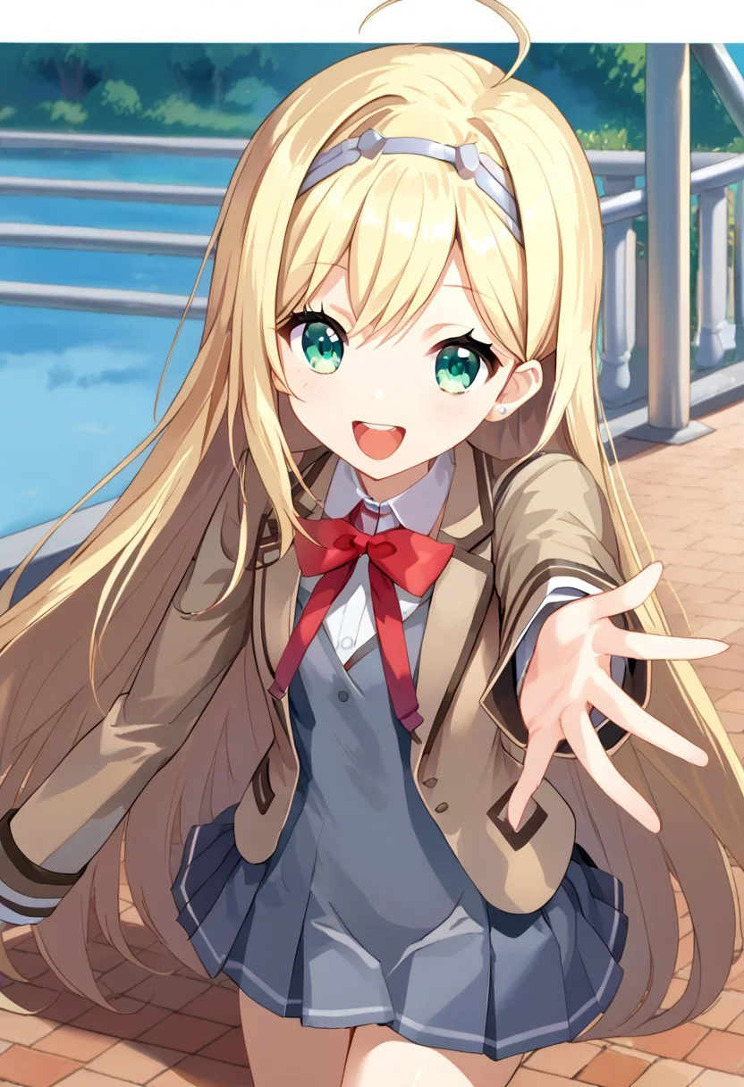 score_9, score_8_up, score_7_up, score_6_up, highest quality, masterpiece, best quality, source_anime, anime, (1girl, liones yelistratova (\hina logi: from luck & logic\), blonde hair, very long hair, green eyes, ahoge, school uniform, beige blazer, white shirt, red bowtie, gray dress, pleated skirt, white hairband) :d, happy, open mouth, teeth, depth of field, dynamic pose