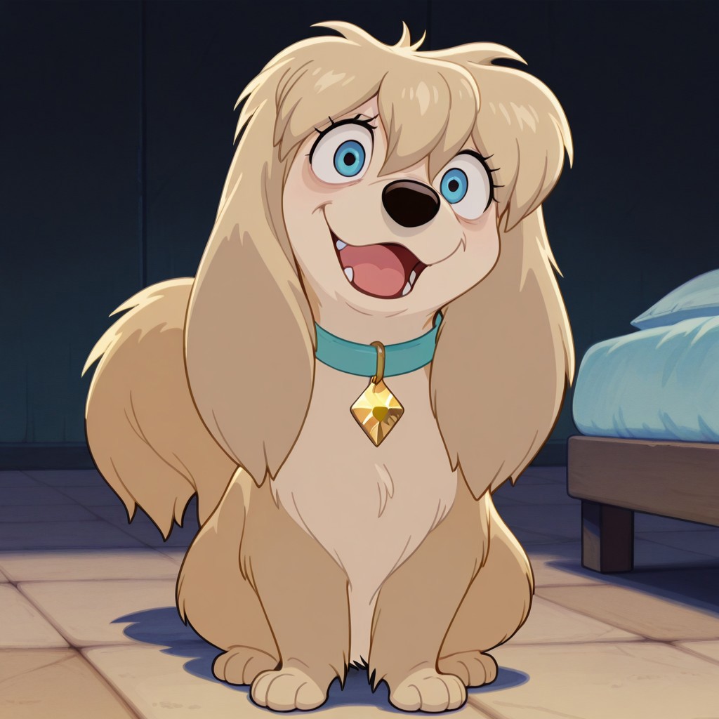 peg, female, dog, disney, blonde fur, long ears, light blonde belly, blue eyes, no eyeshadow, no bangs, hair tuft, housedog peg, blue collar with gold diamond-shaped tag, large eyes BREAK score_9, score_8, score_7, no humans, (((full body))), standing, solo, female, feral, hight definition, hyper detailed, best quality, amazing quality, 1girl, cute, cute smile, cute pose, 8k, masterpiece, looking at viewer BREAK sitting, happy, friendly, adorable, expressive eyes, sweet, smiling, open mouth, open eyes, indoors, on bed, (((soft colors))), (((bright colors))), (((bright background))), (((carpeted floor)))
outside, (((no shadows))), (((light background))), smug, flirty, playful, (((no walls)))