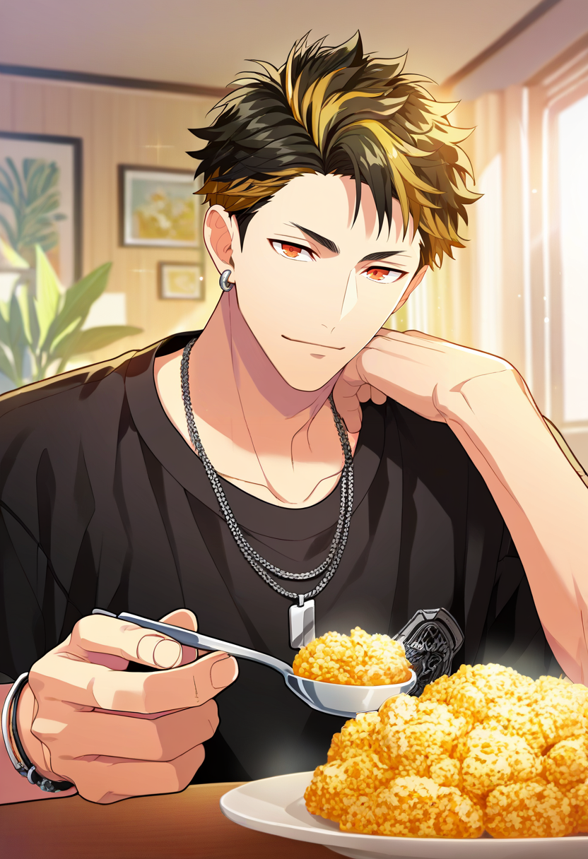 1boy, male focus, solo focus,
<lora:Character - Wind Boys - Reito Tsuji:1> reitotsuji, black hair, multicolored hair, red eyes, bracelet, necklace, ear piercing,
((zPDXL)), score_9_up, score_8_up, score_7_up, score_6_up, score_5_up, score_4_up, best quality, amazing quality, best aesthetic, absurdres, year2023, uncensored, nsfw, official art, official style, depth of field, detailed eye,
bedroom, pov across table, black shirt, holding spoon, looking at viewer, giving food,