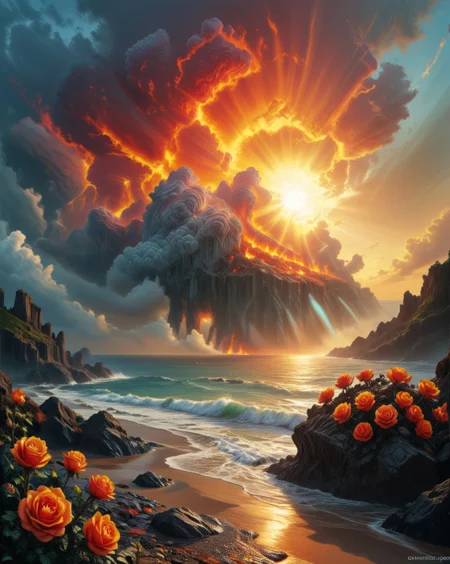 dark fantasy Baltic amber coast where fossilized sunlight washes ashore,Cumulonimbus sunset: Anvil tops blooming into radioactive rose formations,
random group of travelers in landcscape,
<lora:ral-dark-fantasy-il:1>,dark fantasy,
<lora:extremely_detailed:0.5> extremely detailed,
<lora:DetailMaximizer:0.3>,
<lora:Dream Scenery XL:0.3> Dream Scenery,
<lora:add-detail-xl:0.5>,
detailxl