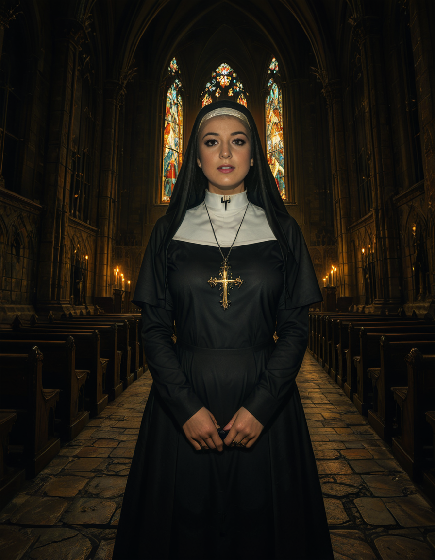 nsfw,focus on a nun,A gothic scene featuring a mysterious woman dressed as a nun in a flowing black latex habit with intricate lace detailing and choker and a red bra, standing solemnly inside of a G0th1c church. The atmosphere is charged with tension as an otherworldly presence seems to loom over the scene, casting eerie red and black shadows on the ancient stone. Other nuns in the background appear uneasy, their movements slow and dreamlike, as if they are being influenced by an unseen dark force. The cathedral's gothic architecture towers above with sharp spires, grotesque gargoyles, and a glowing stained-glass window radiating an unnatural crimson light.<lora:SDXLFaeTastic2400:0.4> <lora:extremely_detailed:0.4> extremely detailed, <lora:G0th1c_church:1>, Masterpiece,best quality,hi res,8k,hi res,8k,award winning,(sharp focus, intricate, highly detailed),