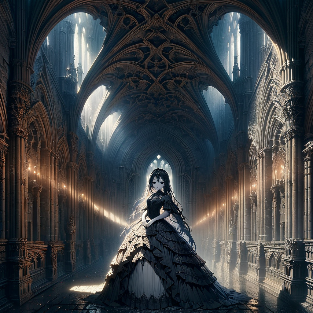 masterpiece,high resolution,detailed,
gothicstyle, solo,1girl,dress,white skin,black eyes, church, scenery, arch, pillar, architecture, light rays, light, sunlight
, <lora:Ghotic_haunted_world:0.8>