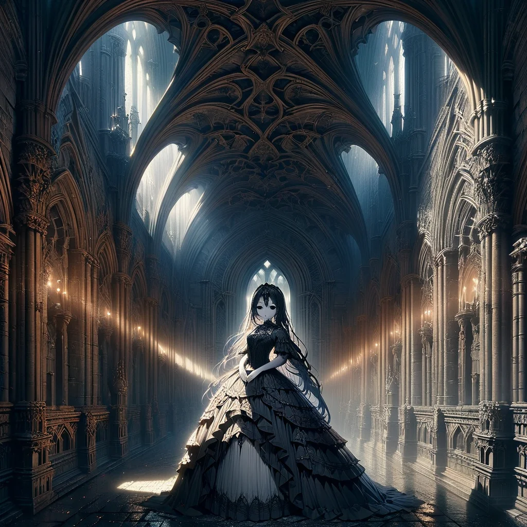 masterpiece,high resolution,detailed,
gothicstyle, solo,1girl,dress,white skin,black eyes, church, scenery, arch, pillar, architecture, light rays, light, sunlight
, <lora:Ghotic_haunted_world:0.8>