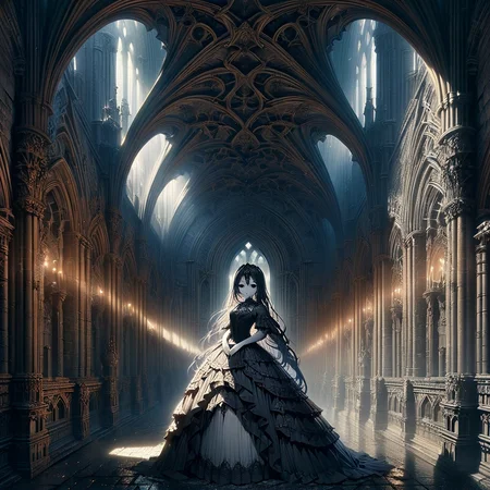 masterpiece,high resolution,detailed,
gothicstyle, solo,1girl,dress,white skin,black eyes, church, scenery, arch, pillar, architecture, light rays, light, sunlight
, <lora:Ghotic_haunted_world:0.8>