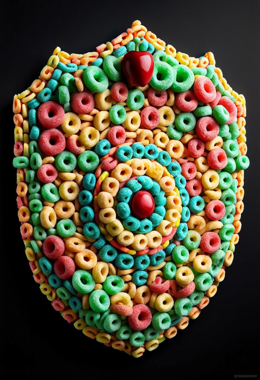 A photorealistic image of a majestic shield (made of fruit loops:1.2),
intricate details, dramatic composition, tension, contrast, texture, realism, high quality, stunning art, film grain, volumetric lighting, detailed, 
simple background, black background,