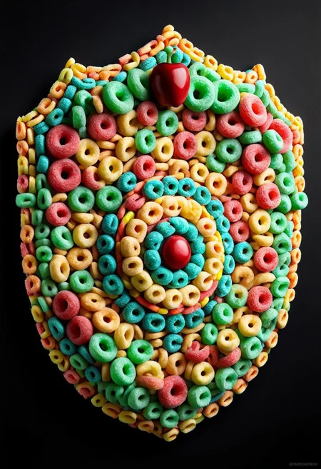 A photorealistic image of a majestic shield (made of fruit loops:1.2),
intricate details, dramatic composition, tension, contrast, texture, realism, high quality, stunning art, film grain, volumetric lighting, detailed,
simple background, black background,