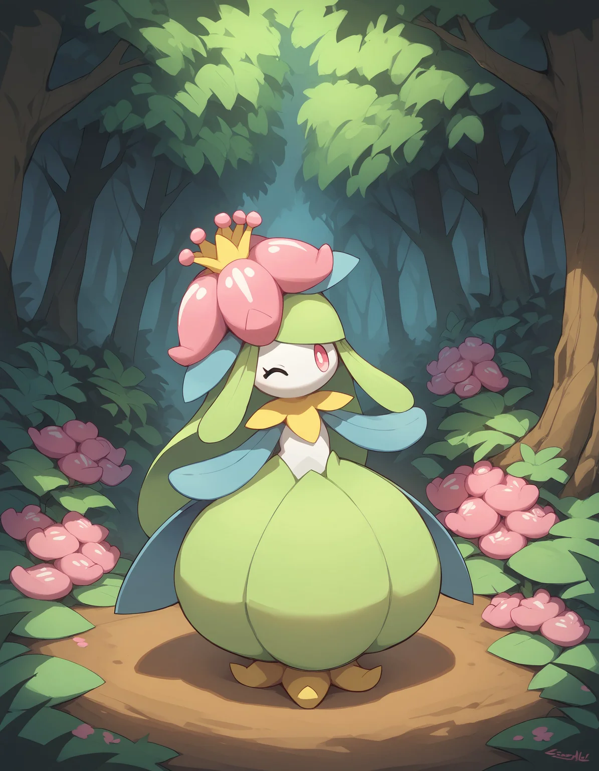score_9, score_8_up, score_7_up, Lilligant, leaf arms, pink flower, pokemon \(creature\), full body, looking at viewer, dark forest, flowers, bushes, trees, one eye closed, <lora:cefaa866-a58e-40ba-a219-79ab392f7d60:1.0>, <lora:5431ea18-bcd1-41e6-ba84-bd47858798fe:0.9>