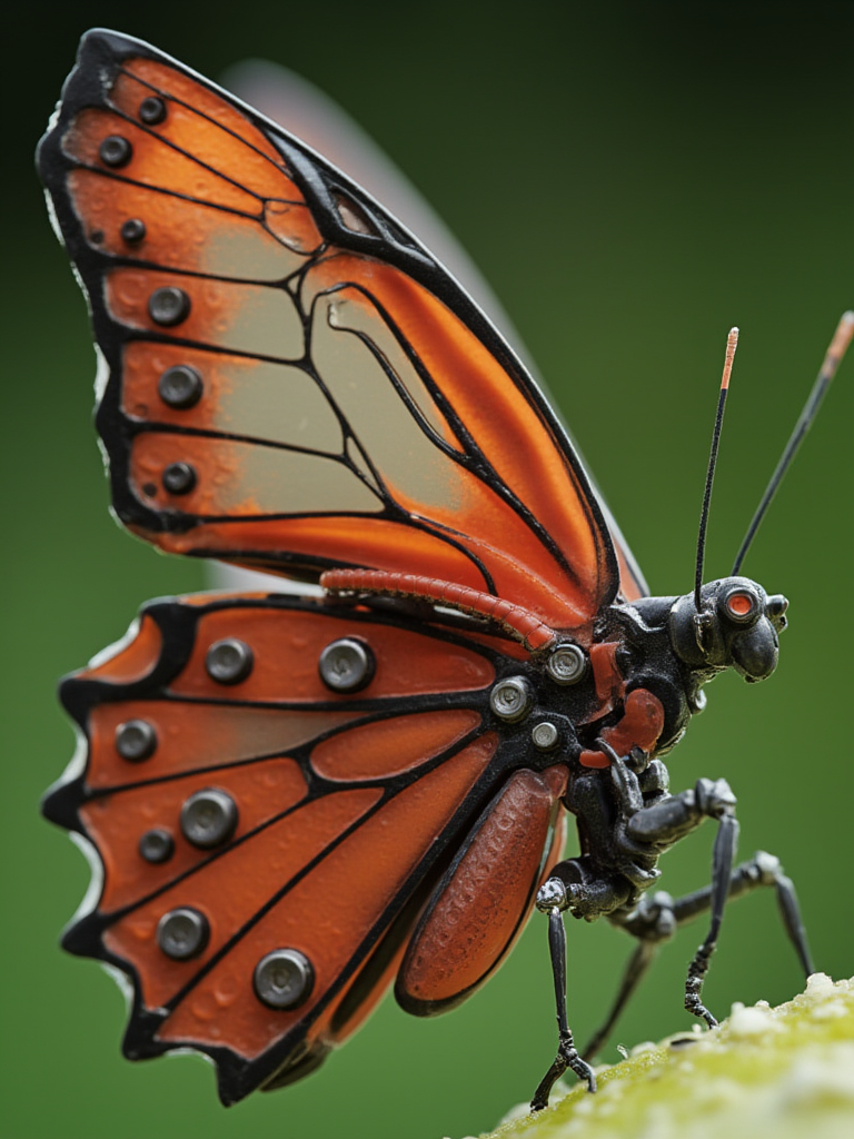 w1z_m4ch1n4. microscopic close-up of a mechanical red admiral butterfly robot
