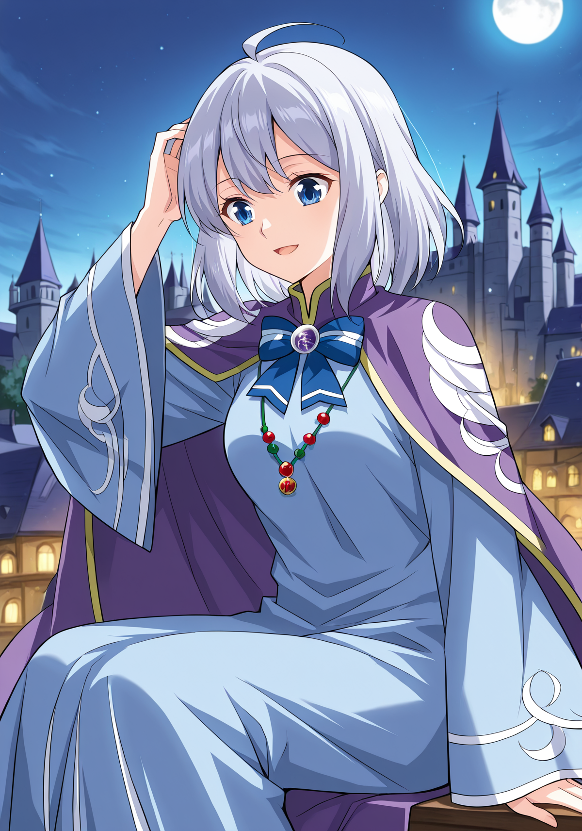 <lora:Dan_Chen__Battle_Through_the_Heavens__Illustrious:1>
1girl, solo, silver hair, short hair, ahoge, anime style, bangs, soft expression, blue eyes, 
long robe, traditional clothes, fantasy outfit, purple cloak, wide sleeves, long sleeves, sleeves past fingers, blue inner dress, gradient design, moon pattern, decorative embroidery, formal uniform, layered clothing, blue bowtie, ribbon brooch, gemstone brooch, bead necklace, moon-themed outfit, detailed trim, 
score_9, score_8_up, score_7_up, very aesthetic, source_anime, detailed, high quality, beautiful, masterpiece, detailed eyes, castle, village, blurry background, cityscape, pose dynamic angle, light smile, open mouth, hand on hair, sitting