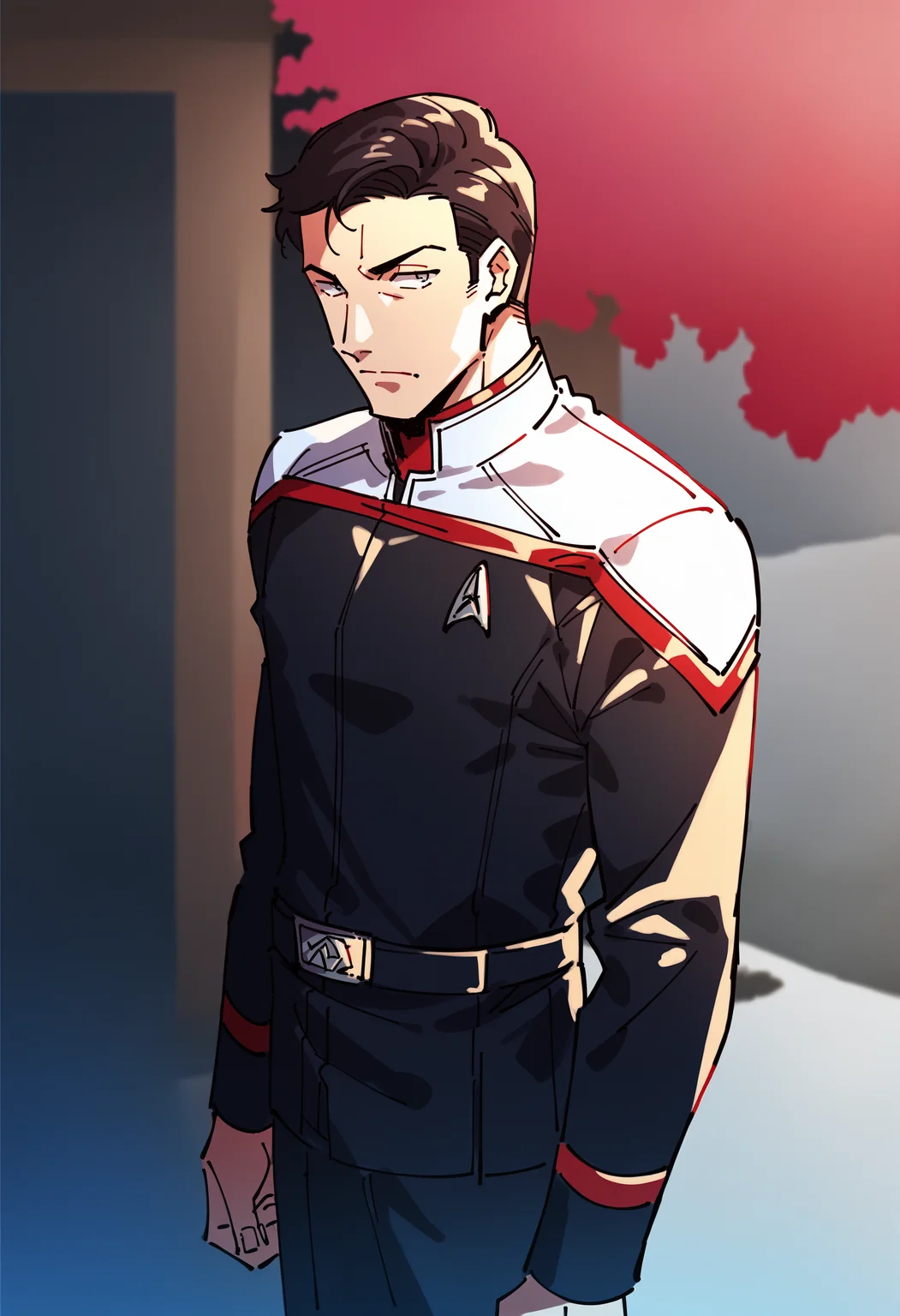core_9, score_8_up, score_7_up, score_6_up, 1boy,source_anime,japanese garden,
stoddunf,star trek uniform,black jumpsuit,white shoulders
,<lora:STOdysPony>