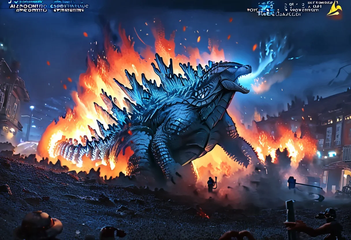 score_9, score_8_up, score_7_up, BREAK
(first person pov, bodycam footage, low quality camera, low resolution, poor quality footage, scan lines, fake screenshot, fisheye lens, english text, low quality broadcast footage:1.2), 
 BREAK,
(godzilla, giant, spines, glowing spines, glowing blue eyes, atomic breath:1.6), (night, fire, motor vehicle:1.5),