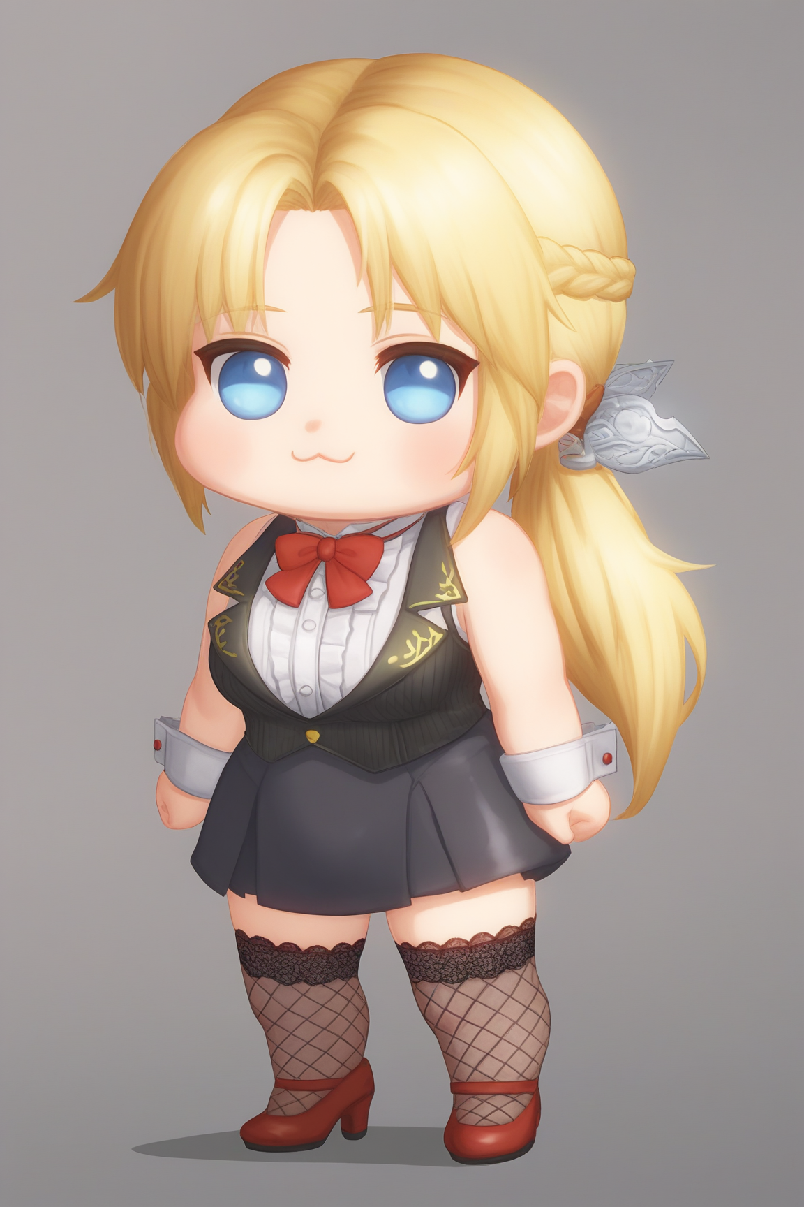 score_9,score_8,score_7_up,ultra detail,doro, creature, :3, chibi,no humans, white skin, solid circle eyes, no pupils, four legs
helena \(doa\), 1girl, solo,low ponytail, forehead, curtain bangs, sidelocks,blonde_hair, 
black hair bow, lace hair bow, 
bowtie, dark_red_bowtie, 
white shirt, ruffled shirt, mandarin collar shirt, sleeveless shirt, shirt under vest, shirt tucked in, 
yellow patterned lapel, black collared vest, lapel vest, vertical-striped vest, button_(fastener), dark grey pencil skirt, high-waist skirt, honeycomb_pattern_skirt, 
white wrist cuffs, 
fishnet thighhighs, lace-trimmed thighhighs, dark red heels, slingback_heels, crocodile_grain_heels, shoe strip buckle,
 <lora:Doro_X_PDXL_V1:0.8> <lora:doa_helena_pdxl_v10:0.8>