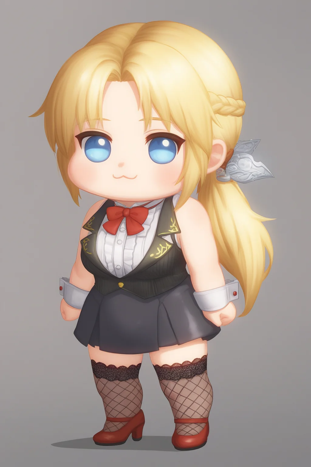 score_9,score_8,score_7_up,ultra detail,doro, creature, :3, chibi,no humans, white skin, solid circle eyes, no pupils, four legs
helena \(doa\), 1girl, solo,low ponytail, forehead, curtain bangs, sidelocks,blonde_hair,
black hair bow, lace hair bow,
bowtie, dark_red_bowtie,
white shirt, ruffled shirt, mandarin collar shirt, sleeveless shirt, shirt under vest, shirt tucked in,
yellow patterned lapel, black collared vest, lapel vest, vertical-striped vest, button_(fastener), dark grey pencil skirt, high-waist skirt, honeycomb_pattern_skirt,
white wrist cuffs,
fishnet thighhighs, lace-trimmed thighhighs, dark red heels, slingback_heels, crocodile_grain_heels, shoe strip buckle,
<lora:Doro_X_PDXL_V1:0.8> <lora:doa_helena_pdxl_v10:0.8>
