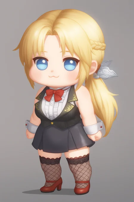 score_9,score_8,score_7_up,ultra detail,doro, creature, :3, chibi,no humans, white skin, solid circle eyes, no pupils, four legs
helena \(doa\), 1girl, solo,low ponytail, forehead, curtain bangs, sidelocks,blonde_hair,
black hair bow, lace hair bow,
bowtie, dark_red_bowtie,
white shirt, ruffled shirt, mandarin collar shirt, sleeveless shirt, shirt under vest, shirt tucked in,
yellow patterned lapel, black collared vest, lapel vest, vertical-striped vest, button_(fastener), dark grey pencil skirt, high-waist skirt, honeycomb_pattern_skirt,
white wrist cuffs,
fishnet thighhighs, lace-trimmed thighhighs, dark red heels, slingback_heels, crocodile_grain_heels, shoe strip buckle,
<lora:Doro_X_PDXL_V1:0.8> <lora:doa_helena_pdxl_v10:0.8>