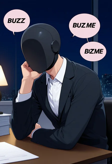 , masterpiece,best quality,amazing quality,very aesthetic,high details, male, male focus
Fit body, (sitting at the desk, bored, support head with hand, speech bubble,english text, talking, "BUZZ ME" in the speech bubble)), (1boy, solo ,(male only), (office clothes:1.4)
indoors , detailed background, night, office, lamp, desk