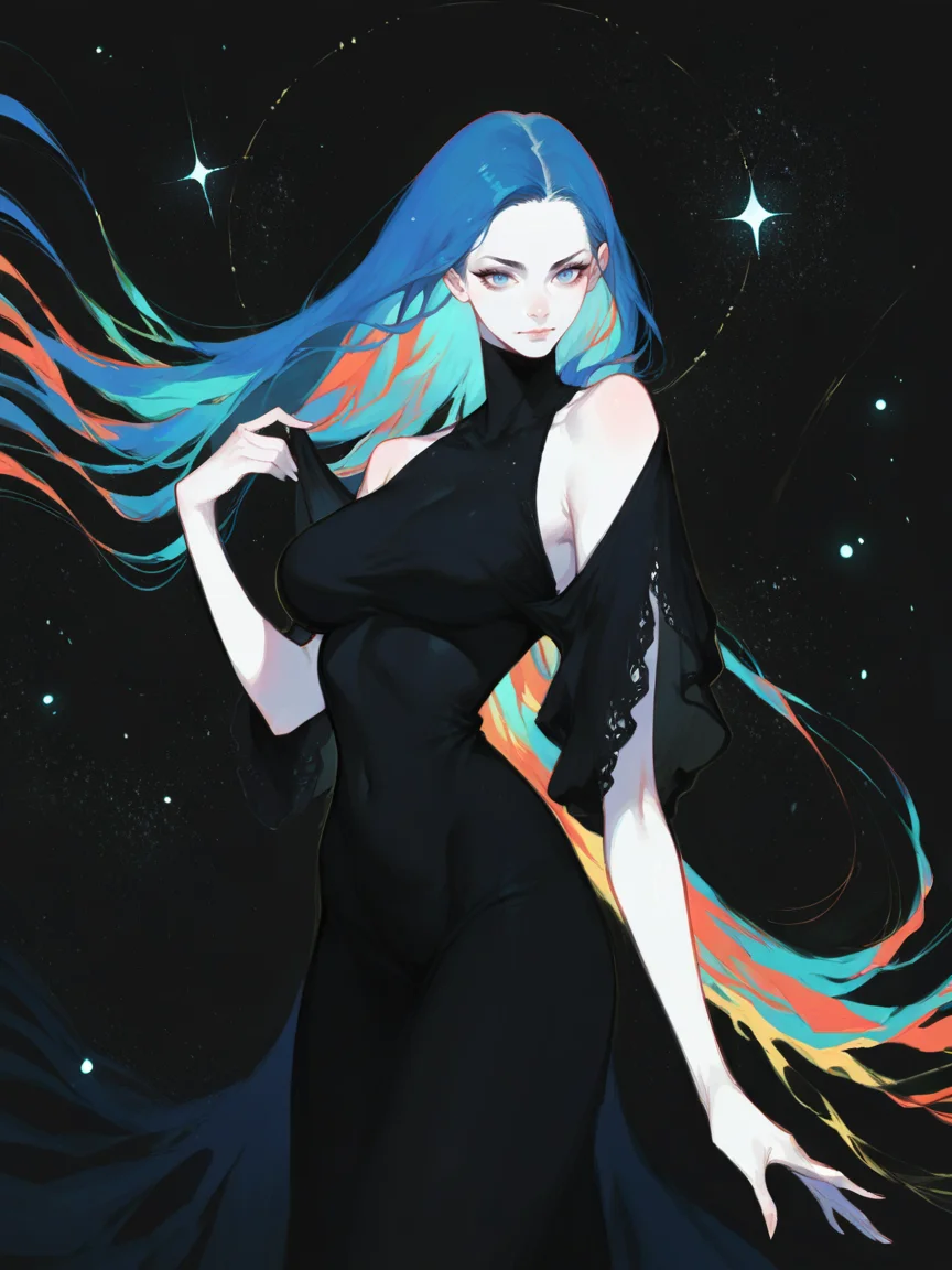 score_9, score_8_up, score_7_up, score_6_up, score_5_up, <lora:watXLP:0.7> wat, 1girl, solo, black background, blue eyes, white skin, looking at viewer, abstract, curvy, starry sky, long hair, black dress, blue hair,