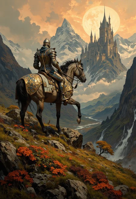 8k high quality digital painting , masterpiece, very detailed, ultra realistic, (best quality) very detailed epic masterpiece,
unearthly beautiful, a breathtakingly beautiful landscape in the French Alps, in the foreground a shiny knight on his horse watches a beaqutiful castle in the distance, the low yellow-red sun casts long shadows, enchanting landscape, fairytale-like, calm mood, flowers in the foreground, realistic