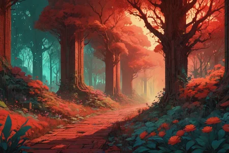 masterpiece, overgrown brutalism, Brick red glow, glowing trees, colorful flowers, breathtaking landscape, by simon bisley, victo ngai, gehryola, darek zabrocki-e 100 mp, grain on paper, cinematic volumetric lighting, beautiful color, high detail, artstation, cgsociety contest winner, high detail, great composition, 3 photo, 8k <lora:Overgrown_Brutalism_SDXL:.8>