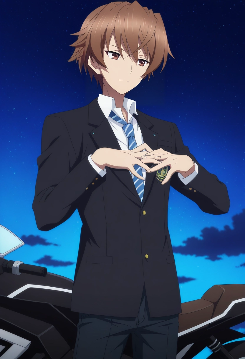 masterpiece, best quality, anime screencap, official style, anime coloring, cowboy shot, 1boy, solo, male focus, <lora:takeya_iizuka_ilxl:0.9>, takeya_iizuka, brown hair, brown eyes, short hair, school uniform, black jacket, white shirt, collared shirt, blue necktie, striped necktie, black pants, cloud observatory, wind-swept platforms, glowing instruments, starry horizons, studying pose, focused expression, night breeze, Motorcycle jeans, Raglan shirt, , ,