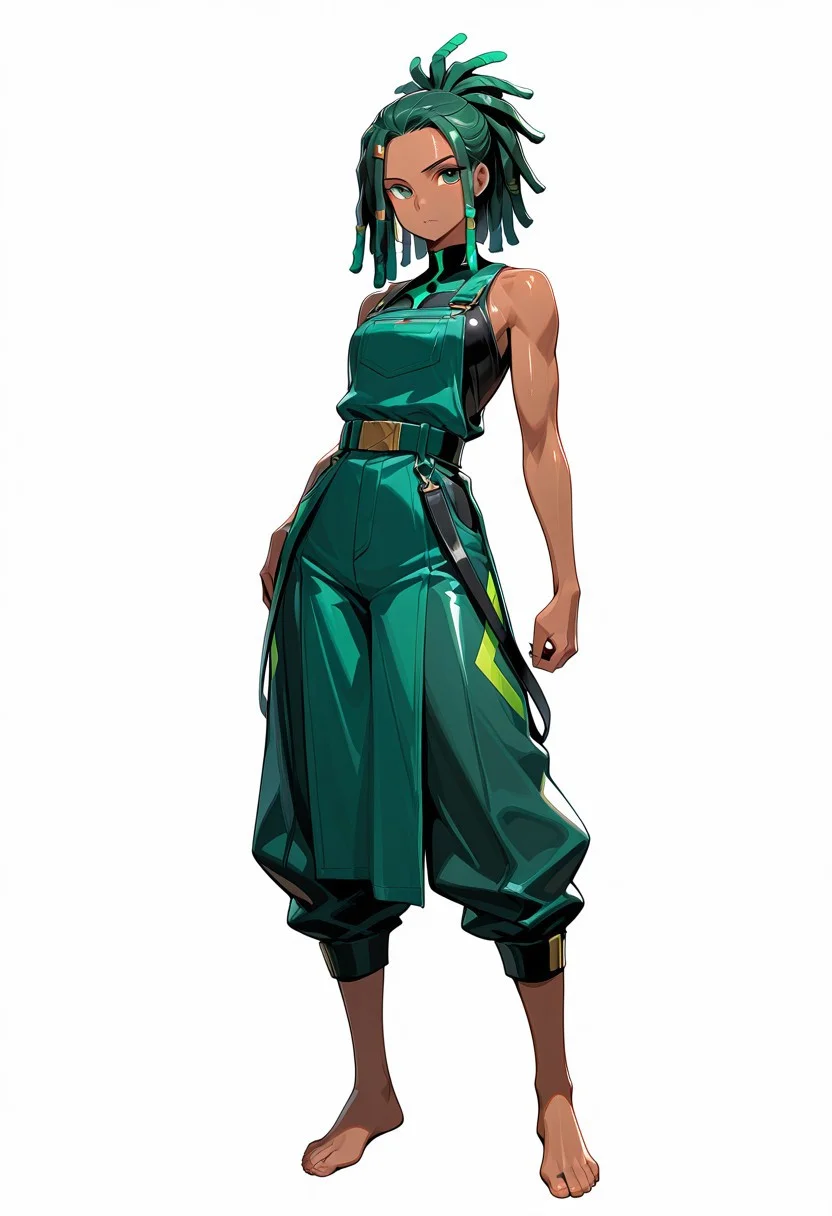 Source_anime, Score_9, score_8_up, resolution, 8k, highest quality, high resolution, best quality, masterpiece, soft lighting, volumetric lighting, detailed background, shiny skin, beautiful, Perfect color eyes, OverallDetail eyes, shiny skin,
...
White background,
...
1 female, dark-skinned female, dreadlocks, emerald green hair, large pants, pelvic curtain, barefoot,
...
Standing