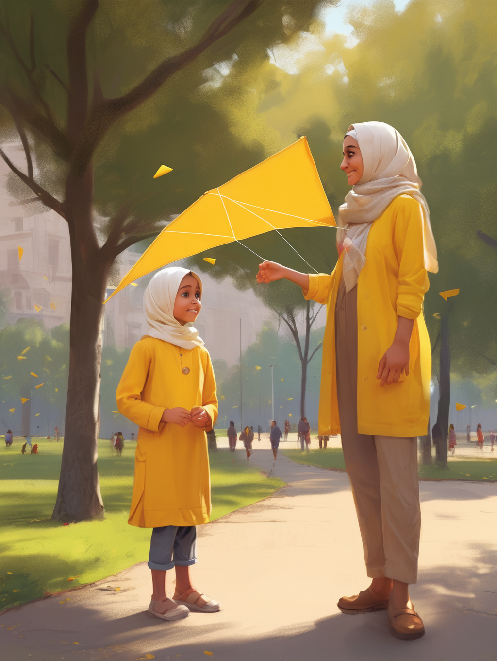 <lora:Atey Ghailan style:1>Atey Ghailan style - realistic illustration of a five years old and cute girl with curious brown eyes wearing yellow hijab. She speaks to old man who sells kites. on the background of the park