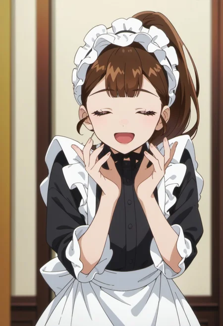 score_9, score_8_up, score_7_up, source_anime, sylvia, brown hair, ponytail, 1girl, closed eyes, solo, maid headdress, maid, smile, open mouth, anime coloring, apron, hands up, :d, facing viewer