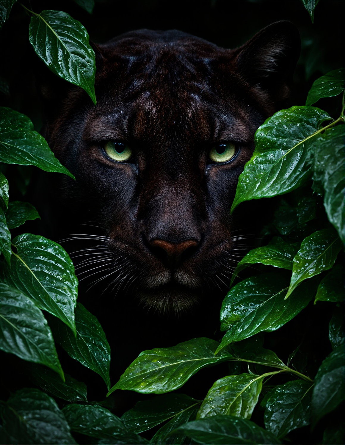A close-up of a black panther's face, partially hidden behind lush, vibrant green foliage. The panther's fur is predominantly black with subtle darker shading suggesting a spotted white pattern. Its eyes are bright green, its nose is dark and broad, and its whiskers are visible. The panther has a serious, intense expression. The leaves surrounding it are various shapes and sizes, deep green with some darker tones from shadow or moisture, suggesting a dense, tropical or subtropical environment.  The leaves appear slightly wet or dewy. The background is dark and indistinct, focusing attention on the panther and foliage, <lora:fluxenhancer:0.6>, <lora:Dever_Flux_Enhancer:0.4>