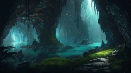 (a vast wide underground cavern:1.2), (extreme long shot:1.1), large mushrooms, (glowing:.7) moss, (dripping water:.3), rock walls, leading down, underground environment, limestone, stalactites, stalagmites, fog, ominous, dark atmosphere, horror, cinematic lighting, (dim lighting:1.2), (ravine:1.2), deep shadows, plant roots, humid, rough uneven terrain, rock wall in foreground, <lora:FantasyLandscape:.6>, <lora:epi_noiseoffset2:.4>, art by evan cagle and greg rutkowski,
