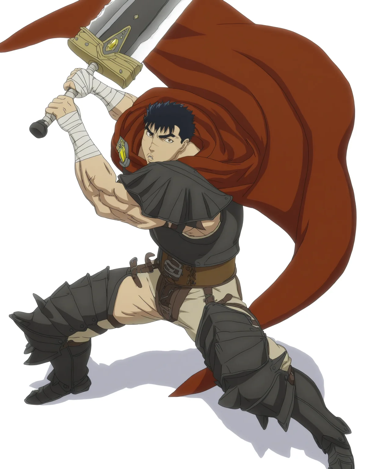 full body, solo, perfect composition, shadows, shading, <lora:anime_screencap-Illustrious:0.5> anime screencap, anime coloring, very aesthetic, absurdres, zPDXL, <lora:Pony_DetailV2.0:0.5> <lora:illustrious_quality_modifiers_masterpieces_v1:1>
<lora:G1t5:1> g1t5, 1boy, male focus, looking at viewer, fierce expression, defined lips, fighting pose, battle stance, slashing sword, dragonslayer sword, holding weapon, greatsword,
muscles, gldn2g3_outfit, jewel brooch, bandaged arm, black armor, red cape, belt, strapped pants, brown pants, armored legs,
white background, simple background,