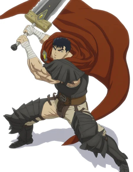 full body, solo, perfect composition, shadows, shading, <lora:anime_screencap-Illustrious:0.5> anime screencap, anime coloring, very aesthetic, absurdres, zPDXL, <lora:Pony_DetailV2.0:0.5> <lora:illustrious_quality_modifiers_masterpieces_v1:1>
<lora:G1t5:1> g1t5, 1boy, male focus, looking at viewer, fierce expression, defined lips, fighting pose, battle stance, slashing sword, dragonslayer sword, holding weapon, greatsword,
muscles, gldn2g3_outfit, jewel brooch, bandaged arm, black armor, red cape, belt, strapped pants, brown pants, armored legs,
white background, simple background,