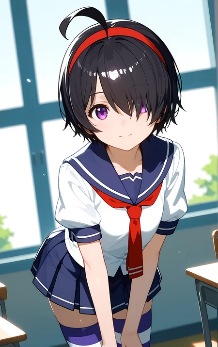(score_9, score_8_up, score_7_up), standing, leaning forward, looking at viewer, light smile, closed mouth, shiny skin, tight clothes,
ohwx, 1girl, solo, purple eyes, black_hair, hairband, short_hair, hair_over_one_eye, ahoge, red_hairband,
school_uniform, thighhighs, striped_clothes, striped_thighhighs, serafuku, skirt, zettai_ryouiki,
window, sunlight, classroom,
blurry, cowboy shot, dutch angle, close-up,
<lora:kimi_sato_pony_ss:0.9>