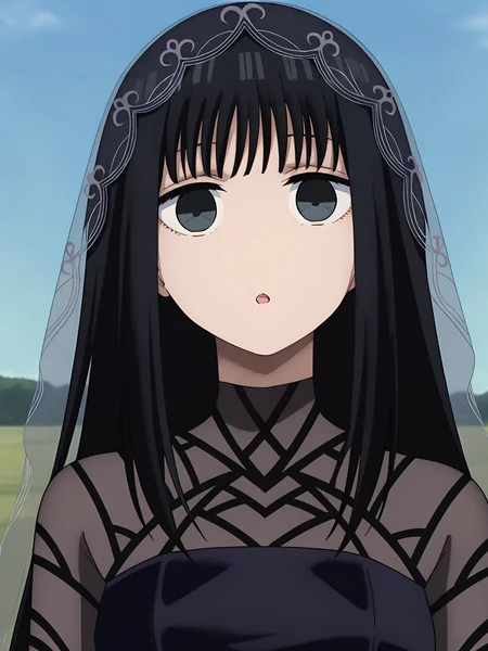 <lora:Osaragi:0.8>, osaragi, 1girl, solo, dark gray eyes, long black hair, bangs, hair veil, long gothic black dress, sheer sleeves, high collar, confused, neutral, calm, blank stare, open mouth, chibi face, no nose, head tilt, looking at viewer, upper body, blue sky, sunny, cinematic lighting