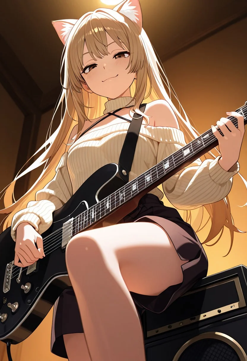 (masterpiece, 3D:1.2), (score_9, score_8_up, score_7_up,source_anime), (ultra-detailed,24K), best quality, CG, illustration,
from below,
close-up, face focus, european, (European cute girl), playing guitar, pink Electric guitar, smirk, happpy,
Putting one foot on the speaker, speakers,
(grossing brownish-blond hair, long hair, brown eyes, droppy eyes, ultra-detailed eyes), Low stature, small stature, small breasts, petite,
(wearing off shoulder sweater, off back sweater, Halter neck sweater, catsuits, Cat ear catsuits, imitation cat ears), (culottes:1.3),
(in live concert stage dark room, lighting, backlighting),
