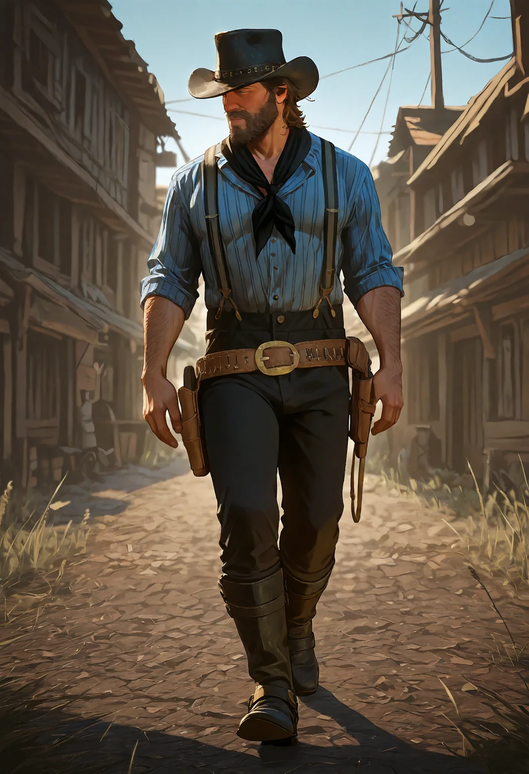 1boy, rdr2arthurm0rgan, mature male, messy medium brown hair, blue eyes, scruffy beard,
dark cowboy hat, blue striped shirt, black neckerchief, suspenders, brown belt, large buckle, holster, dark pants, boots, walking,
western town,
masterpiece, best quality, absurdres, newest, perfect quality, detailed background, intricate details, great lighting