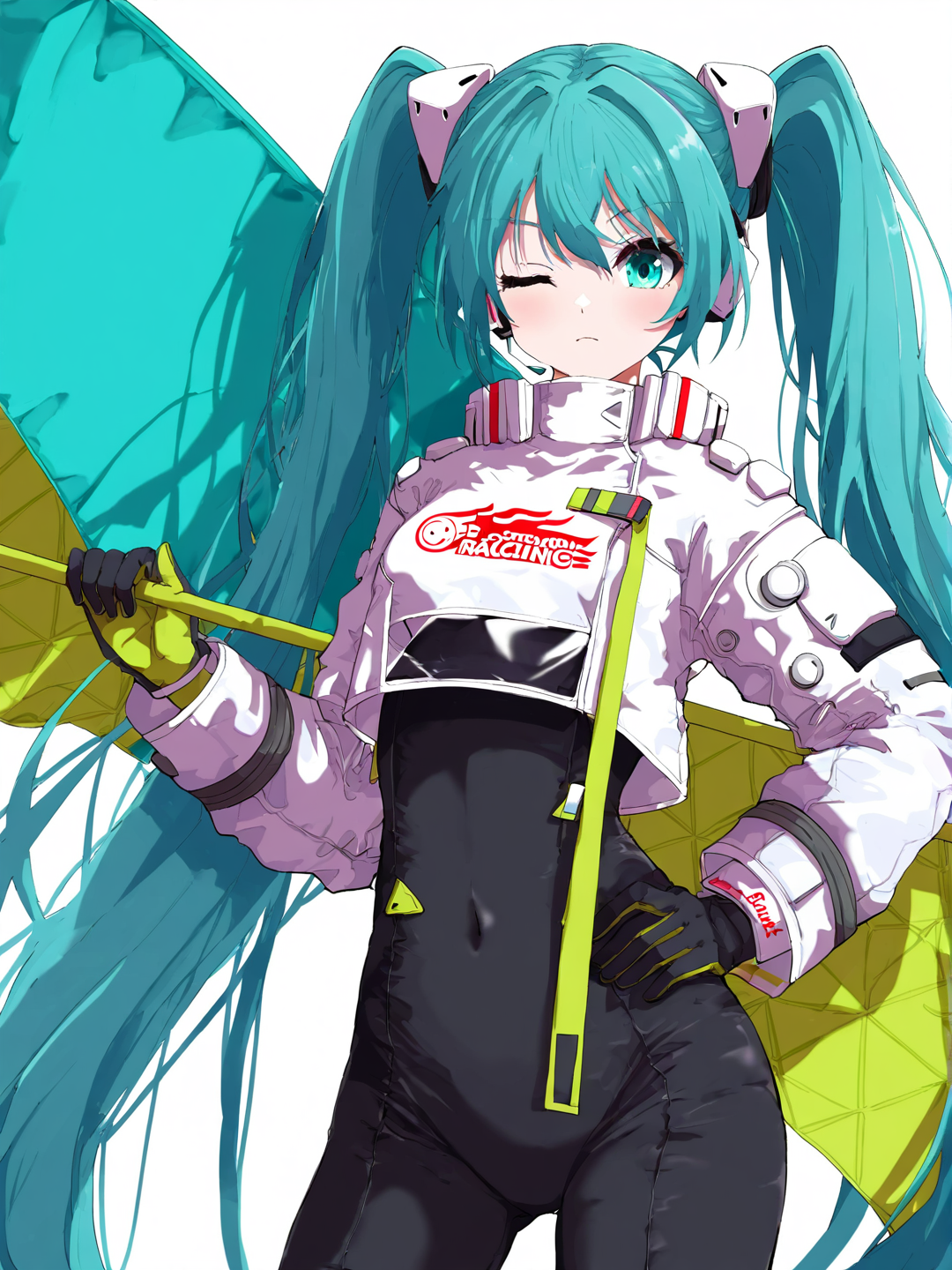 <lora:Osu250130:1>,Osu, racing miku, 1girl, hatsune miku, solo, long hair, twintails, two-tone gloves, black bodysuit, holding, one eye closed, very long hair, bodysuit, gloves, flag, holding flag, looking at viewer, aqua hair, hand on own hip, white jacket, green gloves, aqua eyes, black gloves, closed mouth, cropped jacket, jacket, crop top overhang, cowboy shot, race queen, simple background, smiley face, covered navel, crop top, long sleeves