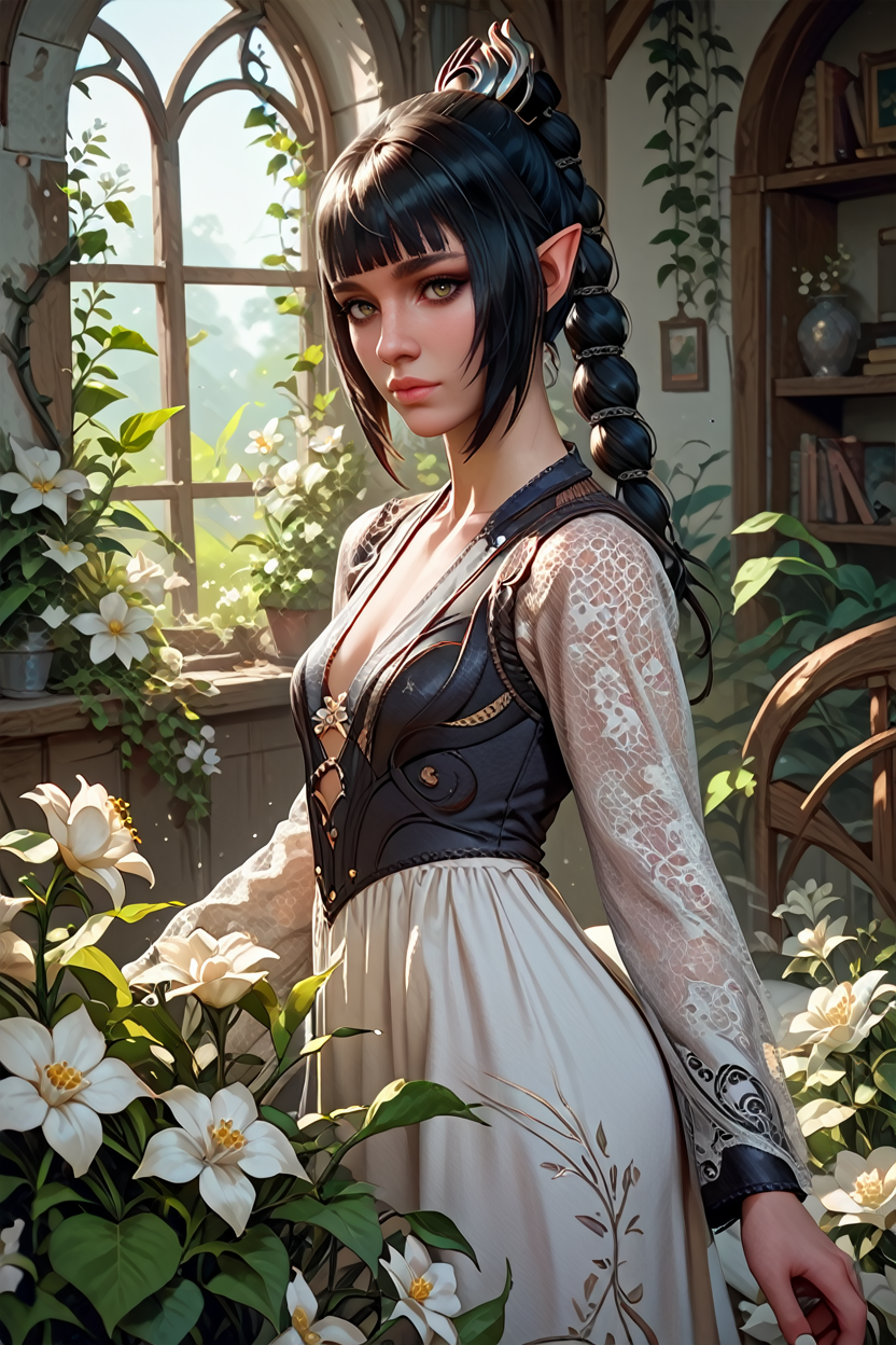 score_9, score_8_up, score_7_up, score_6_up
<lora:BGShadowH:1.0>
BGShadowH, 1girl, ponytail, pointy ears, black hair, blunt bangs, looking at viewer, indoors, overgrowned, bedroom, flowers, white flowers, vines