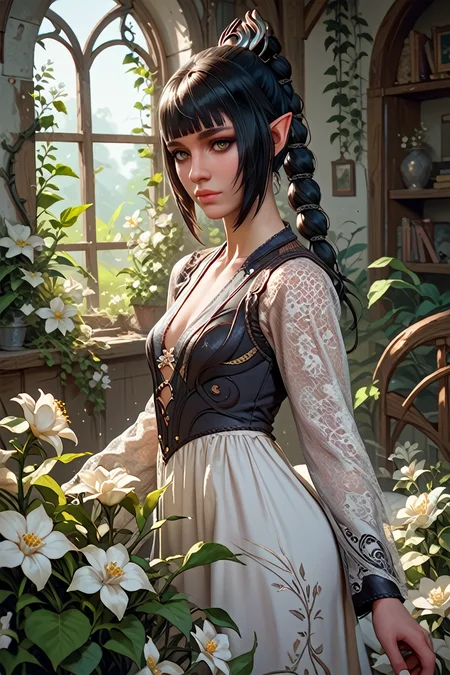 score_9, score_8_up, score_7_up, score_6_up
<lora:BGShadowH:1.0>
BGShadowH, 1girl, ponytail, pointy ears, black hair, blunt bangs, looking at viewer, indoors, overgrowned, bedroom, flowers, white flowers, vines