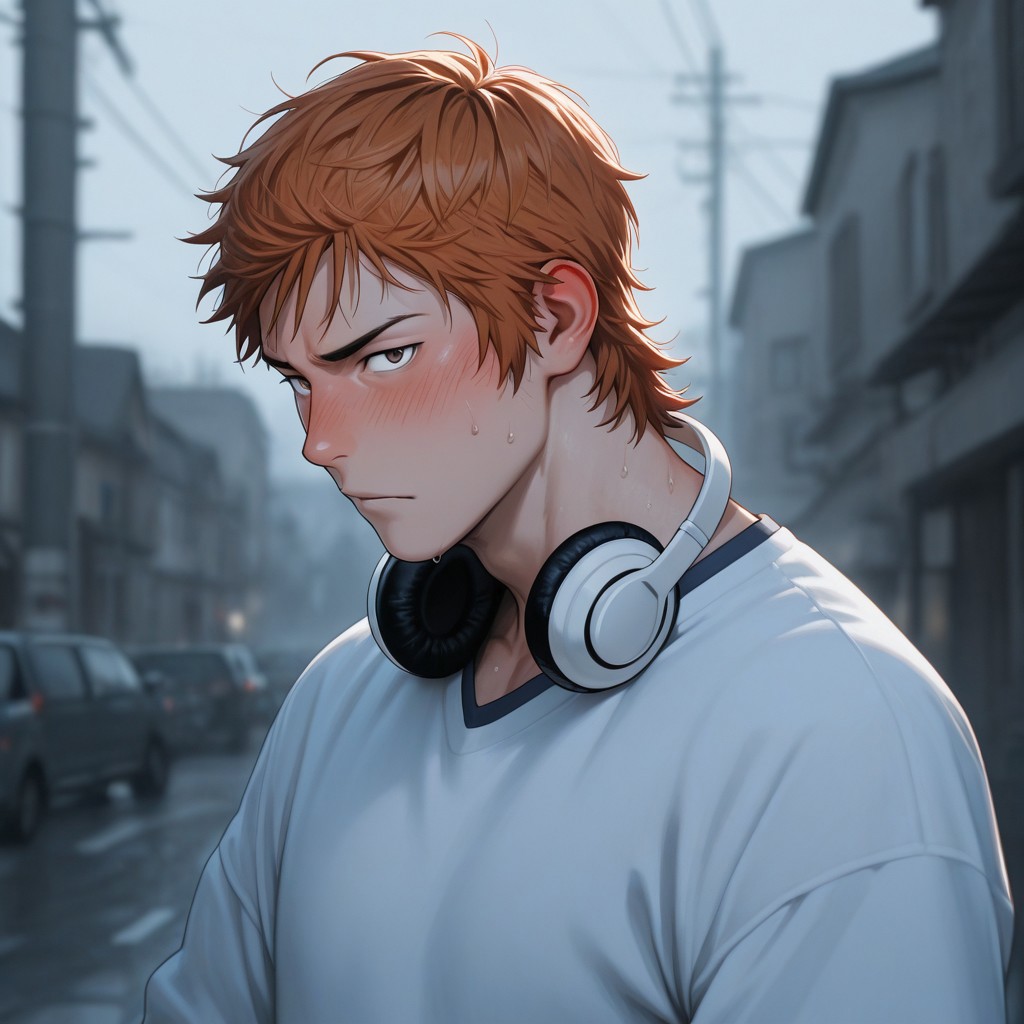 masterpiece, best quality, amazing quality, absurdres, newest, detailed background, definition so sharp, Ultra-HD, 8K cinematic, very awa, impressionate, amazing quality, highres, 
solo, male focus, manly, mature male, bara, charming, cool, badass, cold light, blurry background, outdoor, 
1boy, short hair, headphone around neck, misakiyata, misaki_orange hair, misaki_brown eyes, white t-shirt, blushing, scratch head, looking at viewer, slightly face turning away