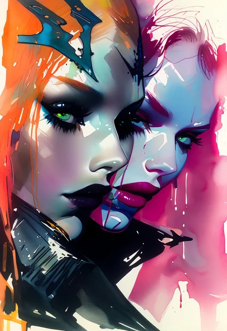 2 girls, sisters leaping high fiving. (full body, facing camera, from above). Futuristic fashion, thigh highs but at different heights, beneath a pool with a glass bottom. (Shot from below). Night time. Moon I through the window. Dark corners, weapons lying around.
Charcoal and colourful oil pastels. impressionistic bidimensional, underground cave system, lava, dark shadowy, dangerous, action pose, faded watercolours (Klimt :1.2) dadaistic collage (by Bill Sienkiewicz:1.5), strikingly alluring face. brilliant spotlight effect.
Vibrant thick dripping paint. Intense detail, realistic, dynamic shadows and contrasts. Deep rich colours contrast against the dull muted background.